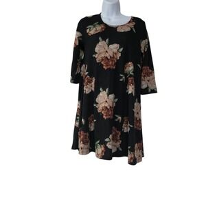 Vibe Sportswear Womens Mini A Line Dress Brown M 3/4 Sleeve Floral Flowy Stretch